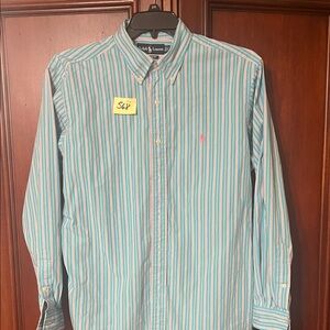 Ralph Lauren Men’s Teal and White Striped Button-Down Shirt Size 16 1/2 34/35